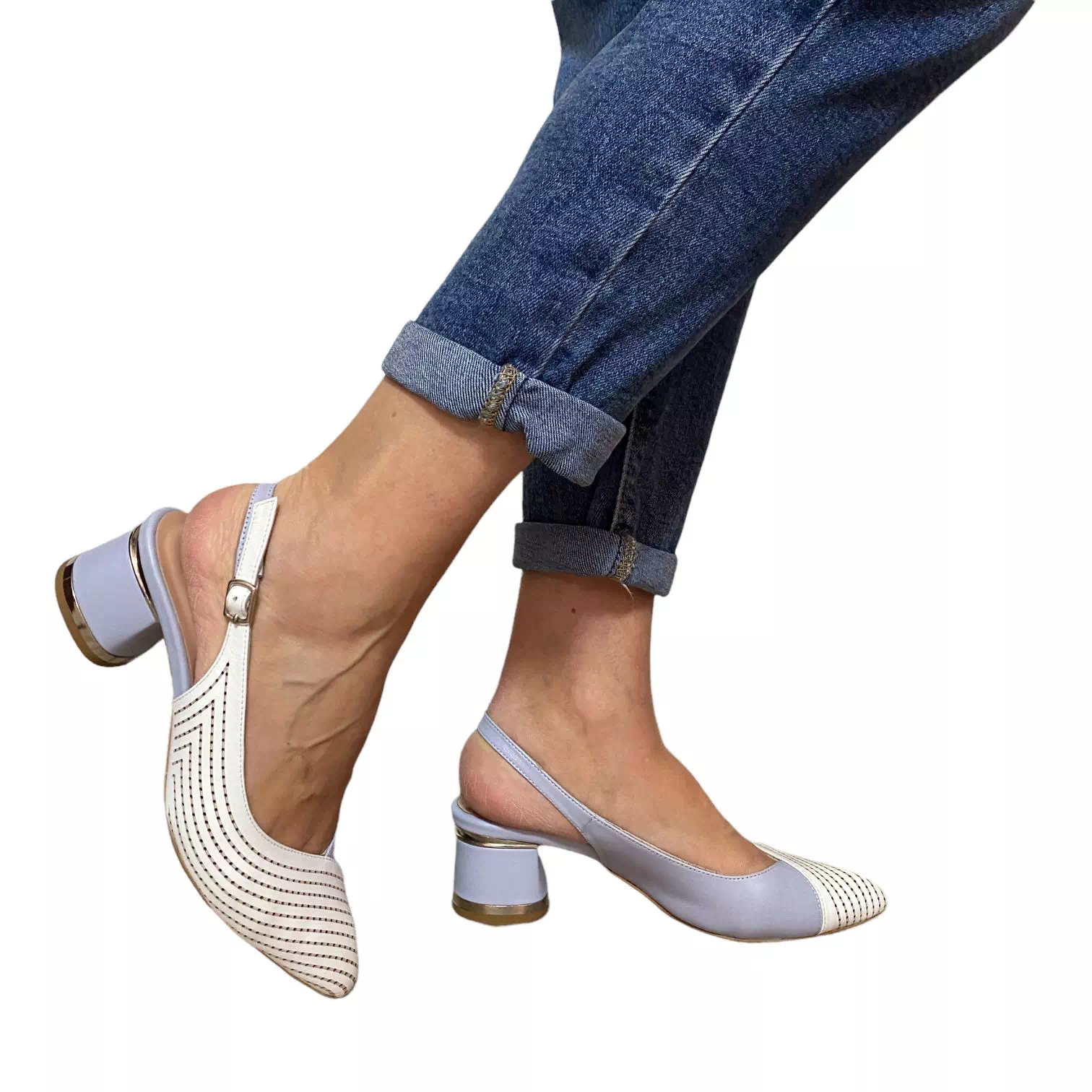 Pantofi Raxela albi combinati cu albastru decupati la spate