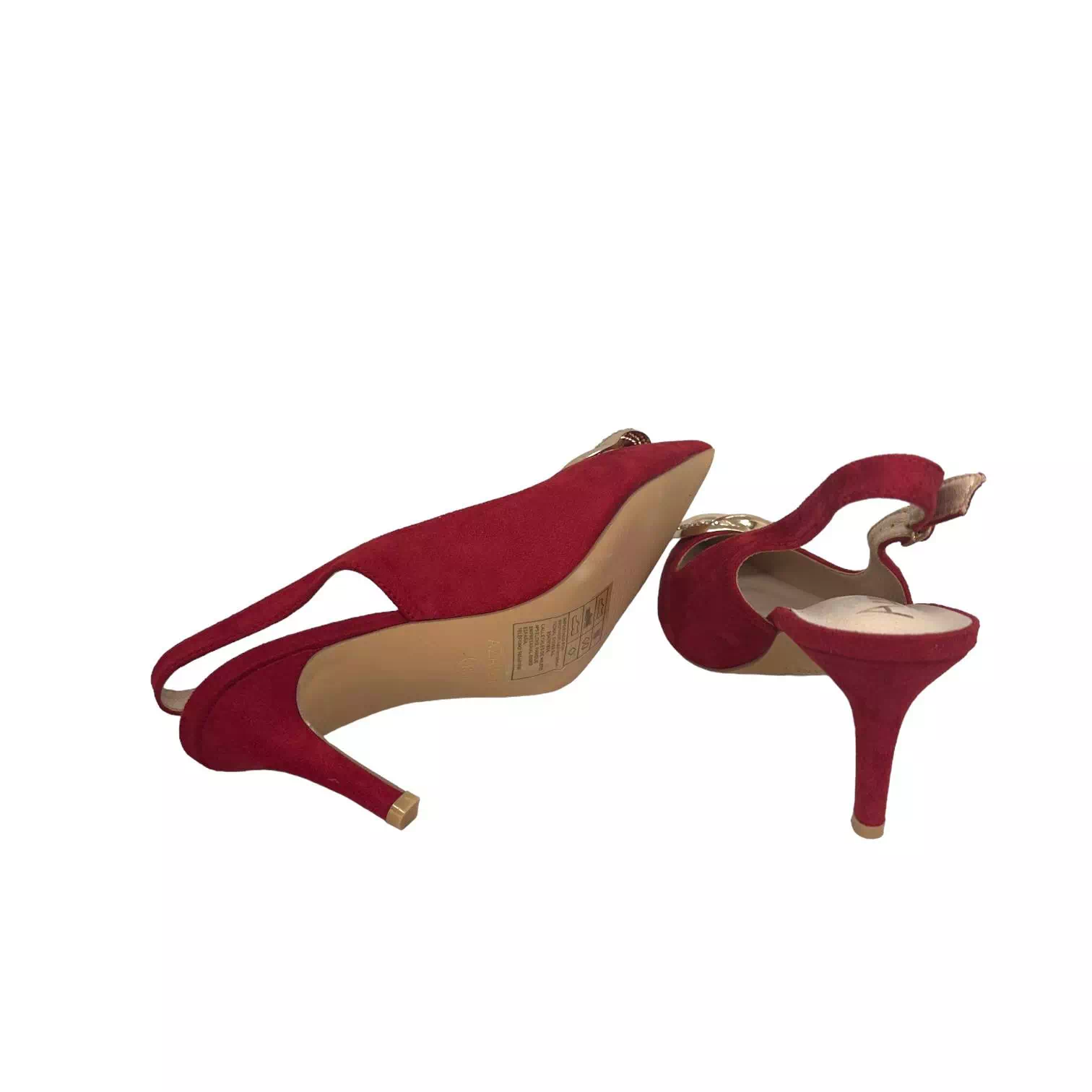 Pantofi decupati Azarey rosii cu accesoriu auriu cu pietricele
