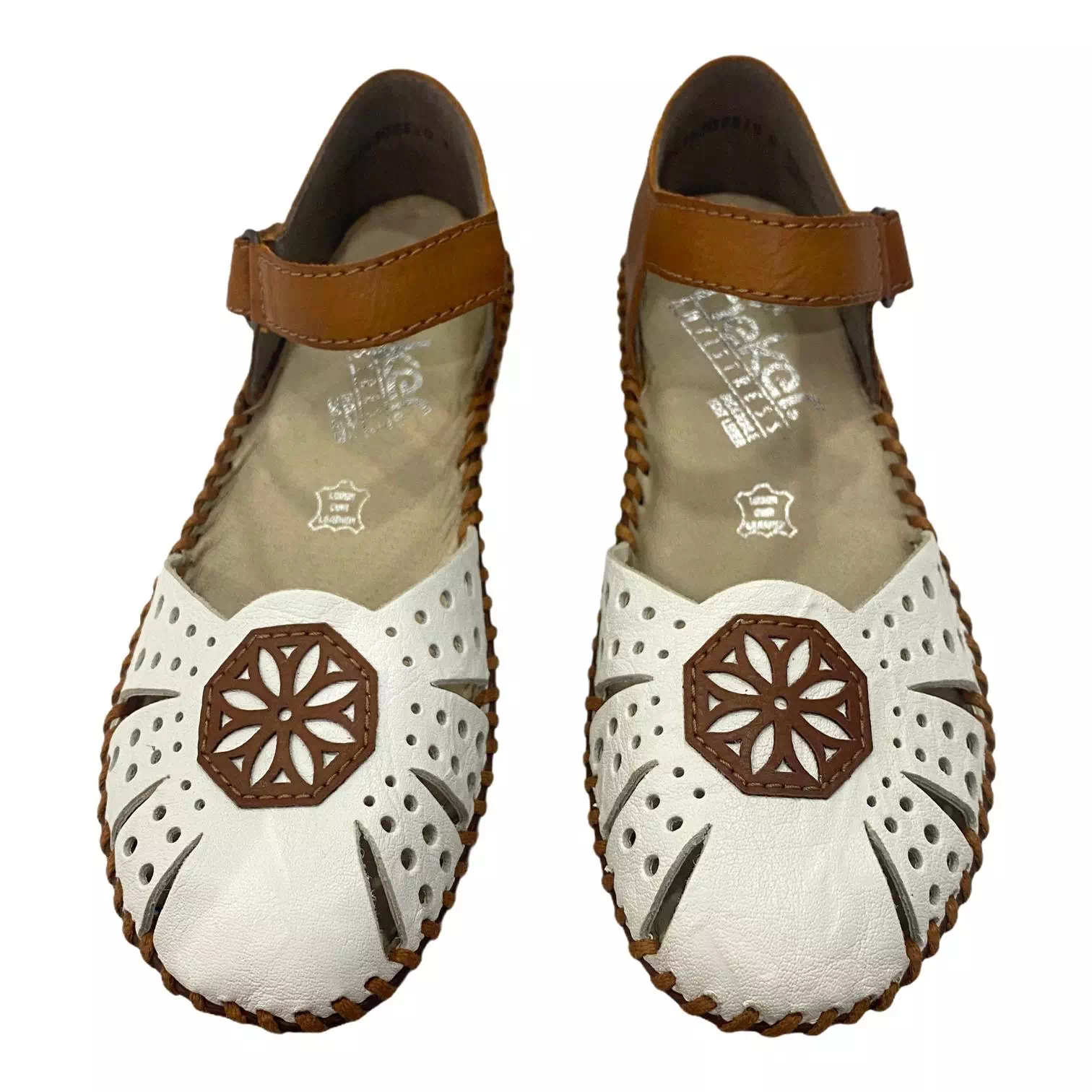 Pantofi Rieker maro combinat cu alb si perforatii