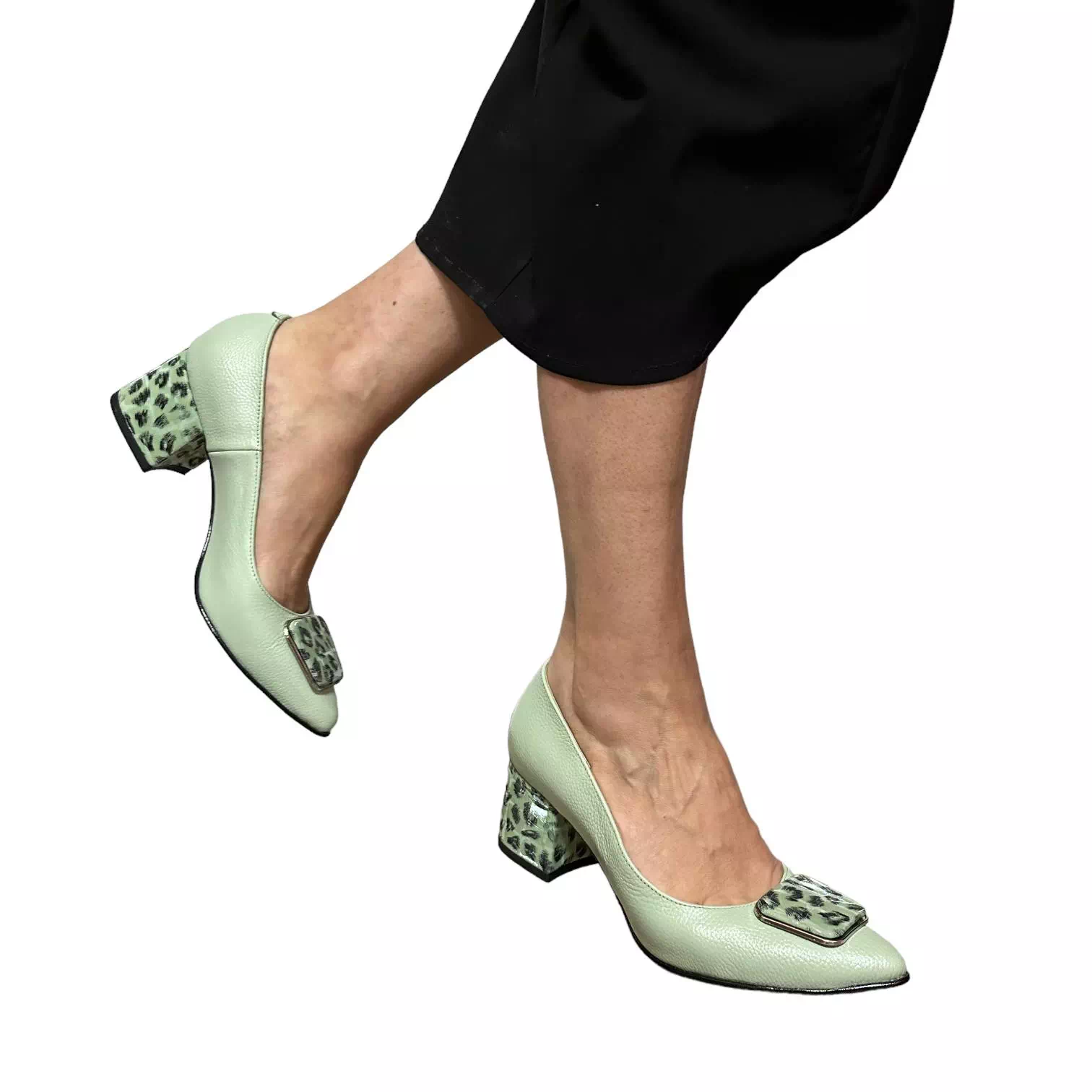 Pantofi Raxela verzi cu accesoriu si toc imbracat in piele imprimata