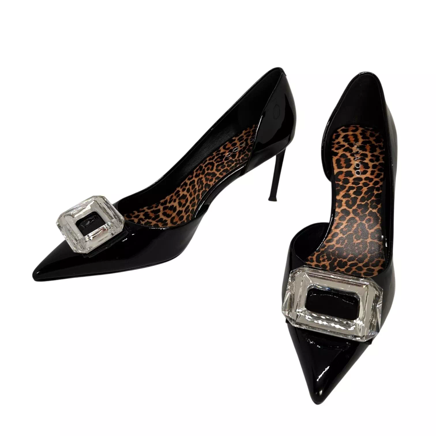 Pantofi decupati stileto negri cu accesoriu argintiu
