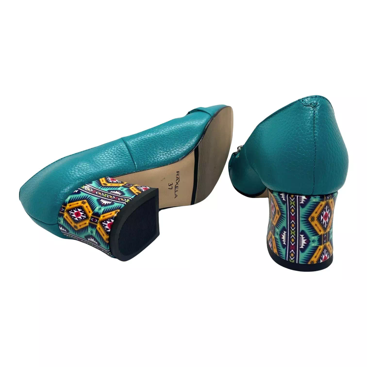 Pantofi turquoise cu accesoriu tip lant si toc colorat