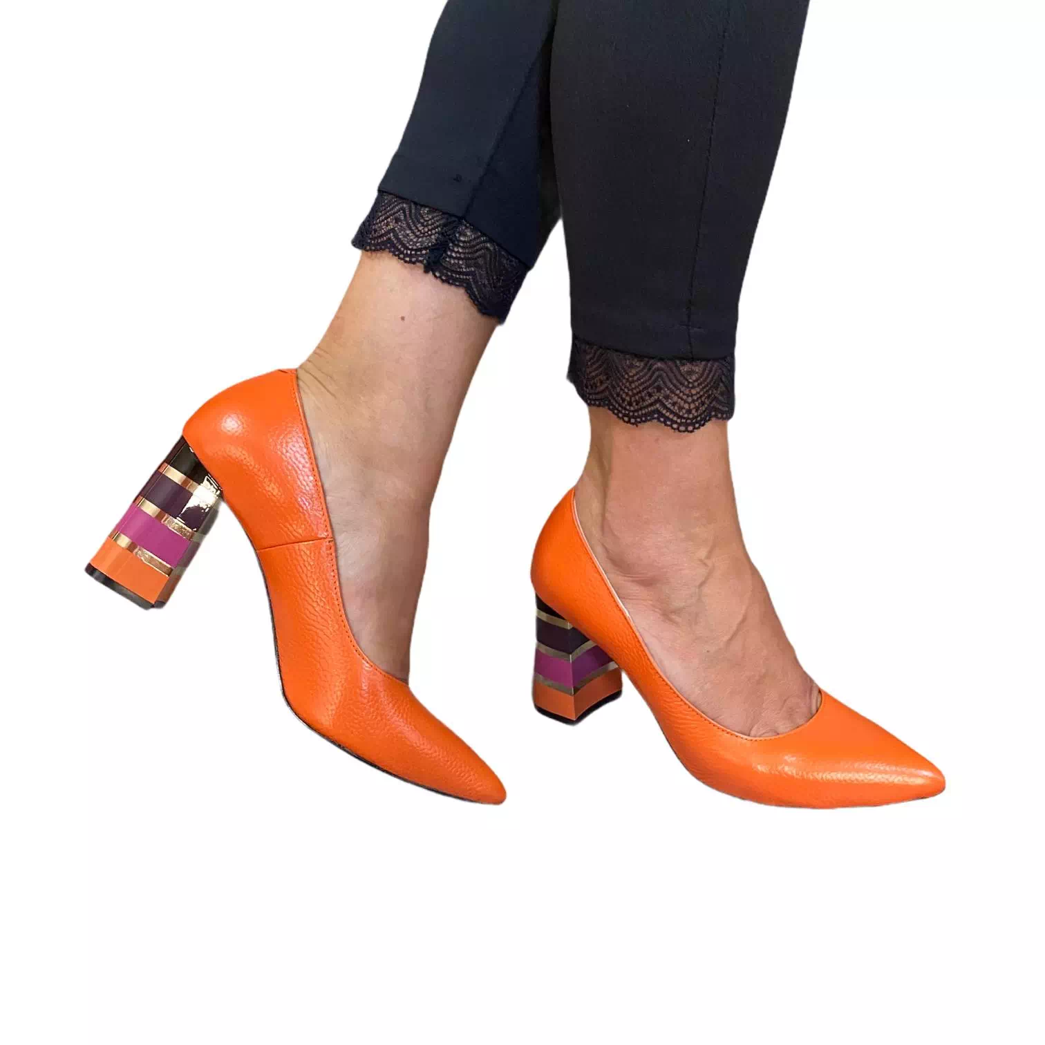 Pantofi portocalii cu toc colorat